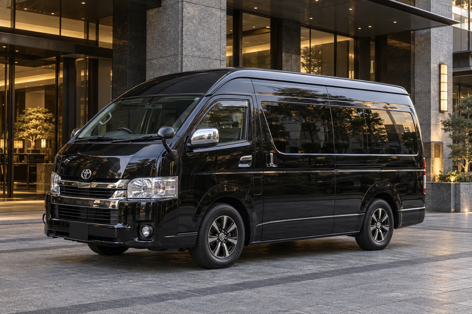 Black Hiace Wagon outside a hotel