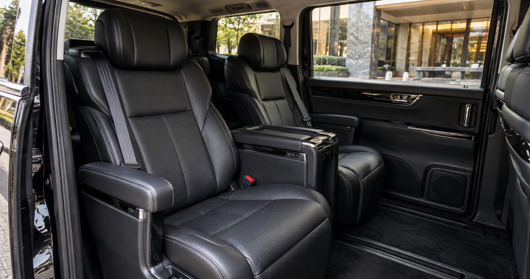 Comfortable cabin with individual black leather seats