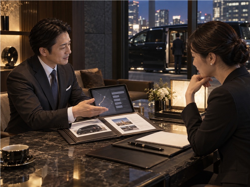 Business guests discussing a chauffeur service plan