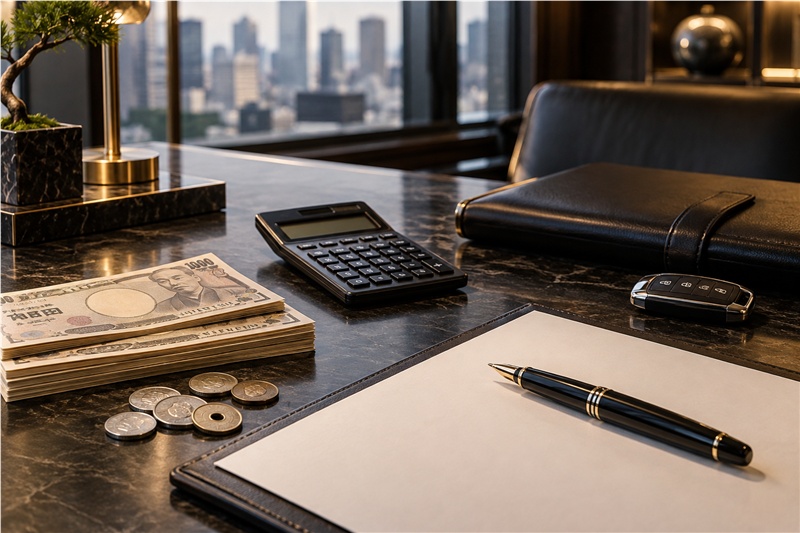 Desk with Japanese yen banknotes, a calculator and a fountain pen