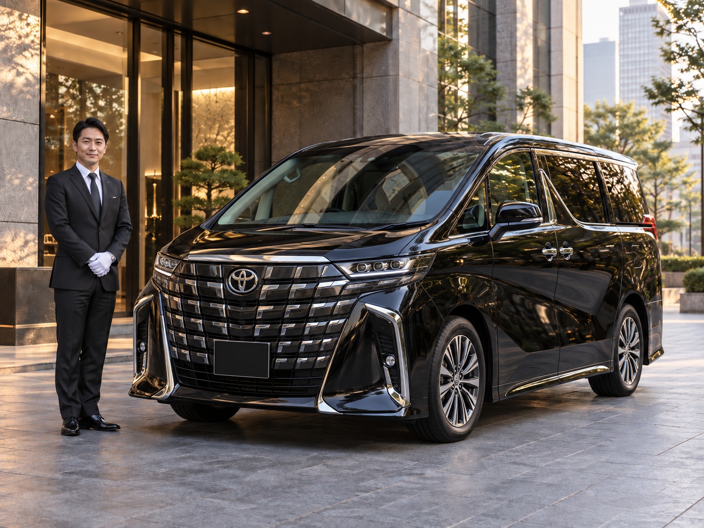 Chauffeur welcoming guests beside an Alphard