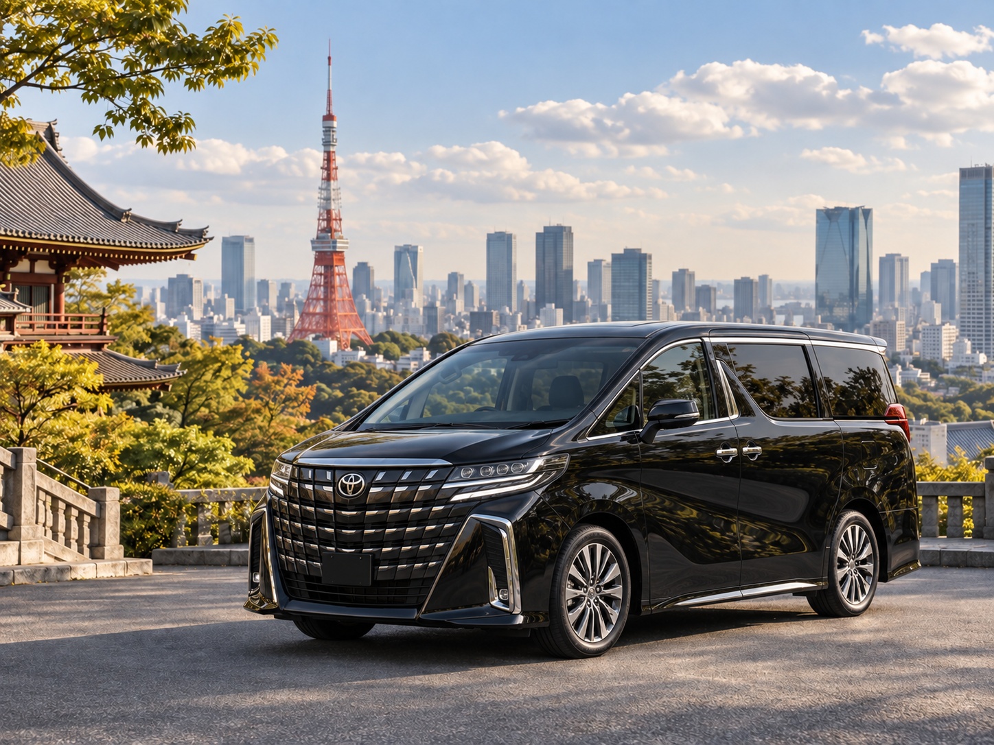 Alphard for sightseeing with Tokyo Tower in the background